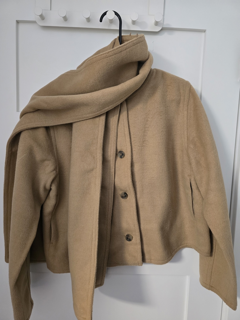 H&M Camel/Tan Wool-Blend Pea Coat with Attached Scarf